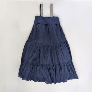 Ulla Johnson Bess Dress 2 Blue Stripe Silver Tiered Midi Pockets Shoulder Bow